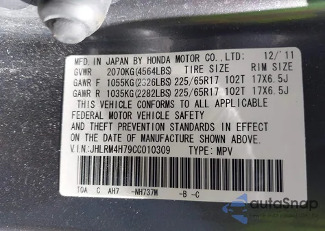 2012 Honda Cr-V Ex-L from USA, damaged, VIN JHLRM4H79CC010309